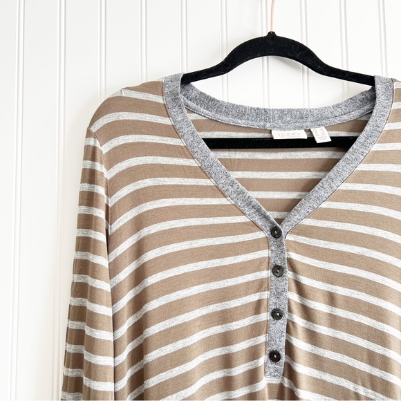 LOGO by Lori Goldstein 1X Striped Rib Knit Henley Top with Lace Trim - Picture 2 of 5